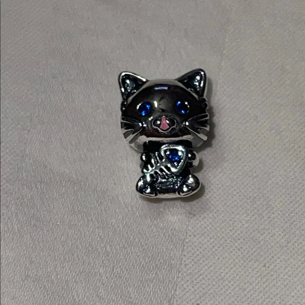 Sterling Silver Fishbone Cat Charm with Blue Accents - Picture 3 of 11